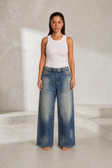 Blue Wide-Leg Cuffed Jeans