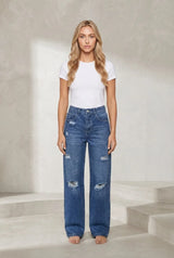 Blue Ripped Wide-Leg Jeans