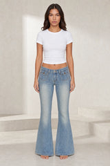 Low-rise bleached flare blue jeans