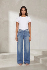 High-waisted wide-leg blue jeans