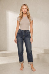 High-rise straight-leg dark blue mom jeans