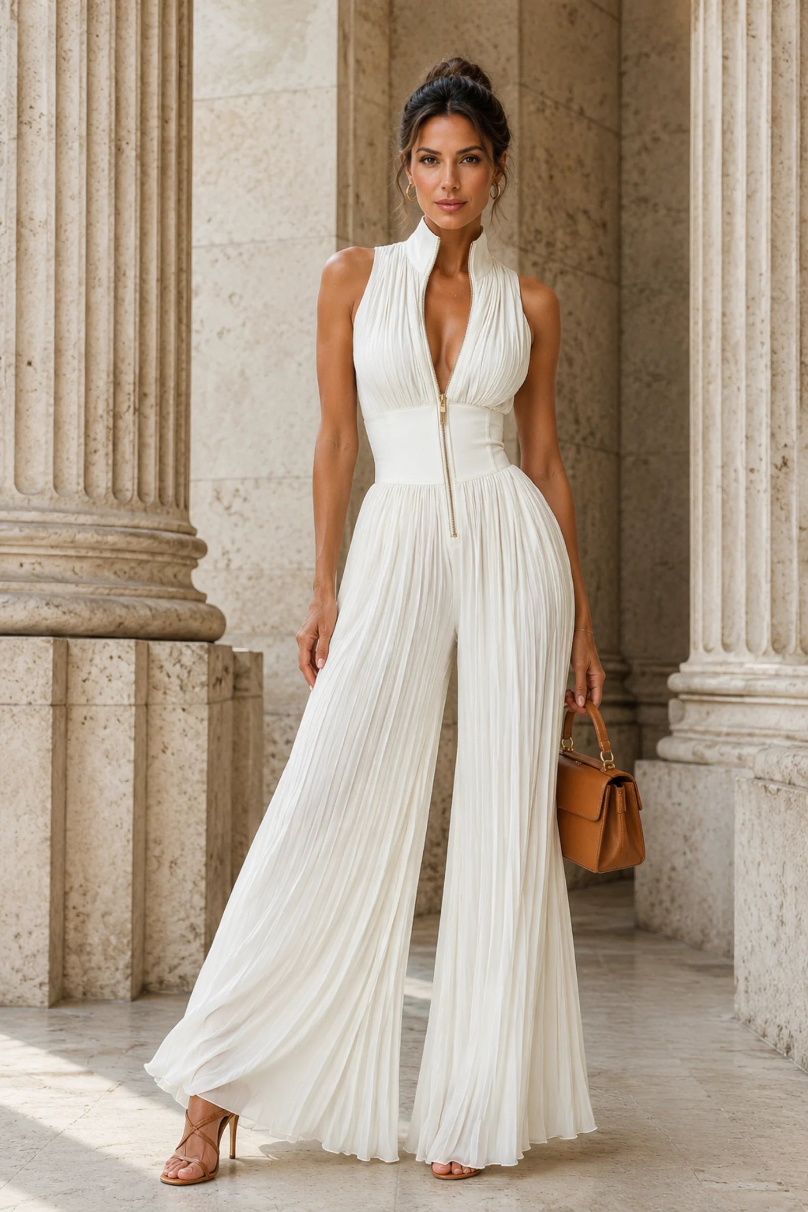 White pleated high-neck jumpsuit