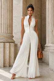 White pleated high-neck jumpsuit