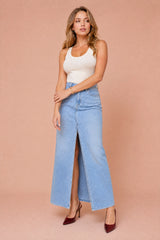 High-Waisted Denim Maxi Skirt with Front Split