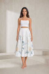 Beige Floral High-Waist Midi Skirt