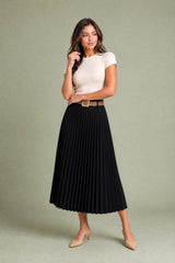 High-Waisted Pleated Faux Suede Skirt with Belt