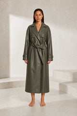 Long Faux Leather Belted Coat