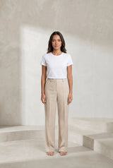 Beige Pleated Straight-Leg Pants