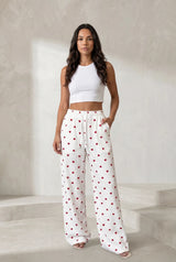 White High-Waisted Heart Print Pants