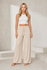 Wide-leg apricot pants with elastic waist