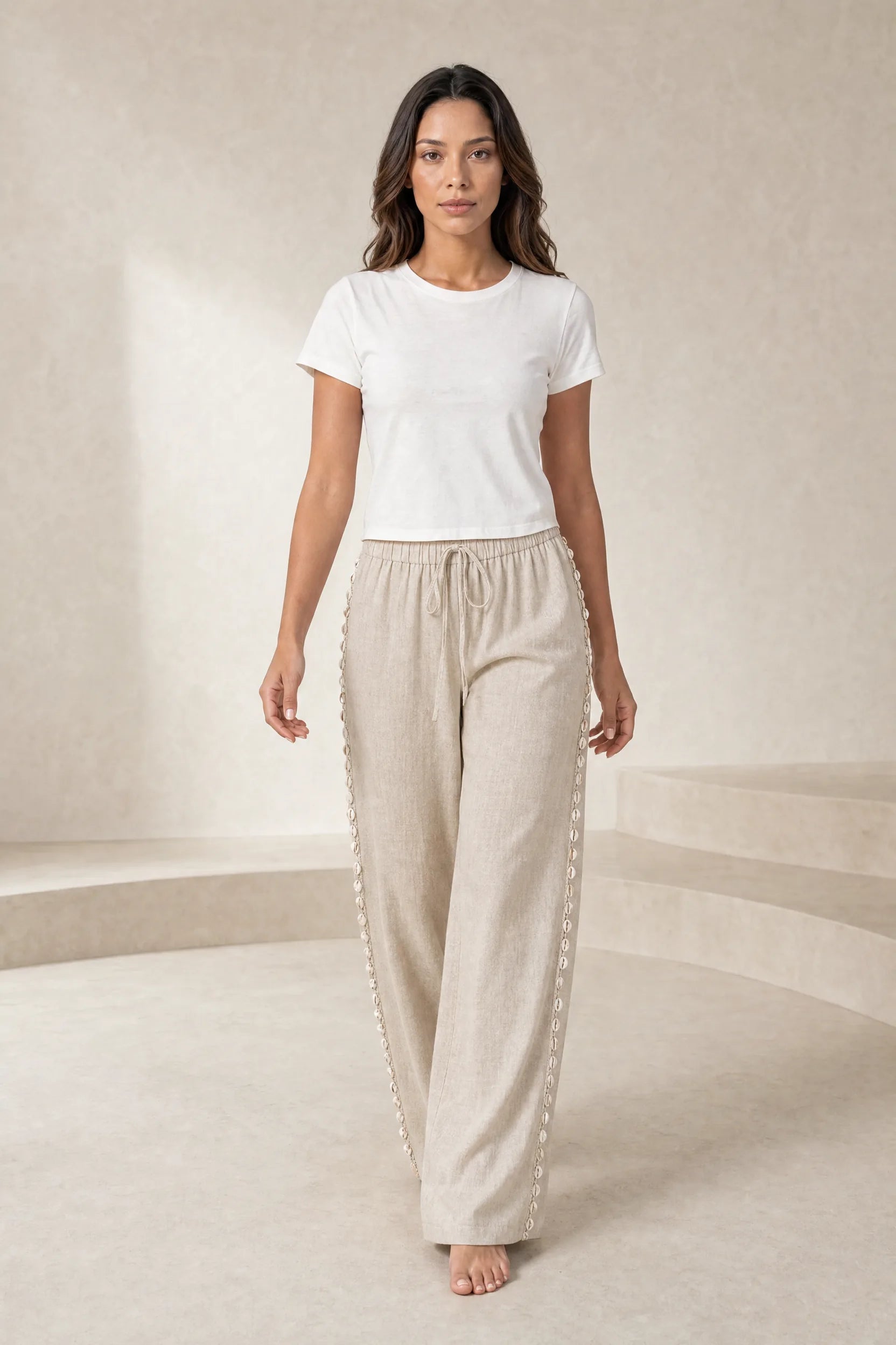 Pantalon large beige à coquillages | Lounelle Paris