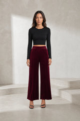 Burgundy High-Waisted Velvet Wide-Leg Pants
