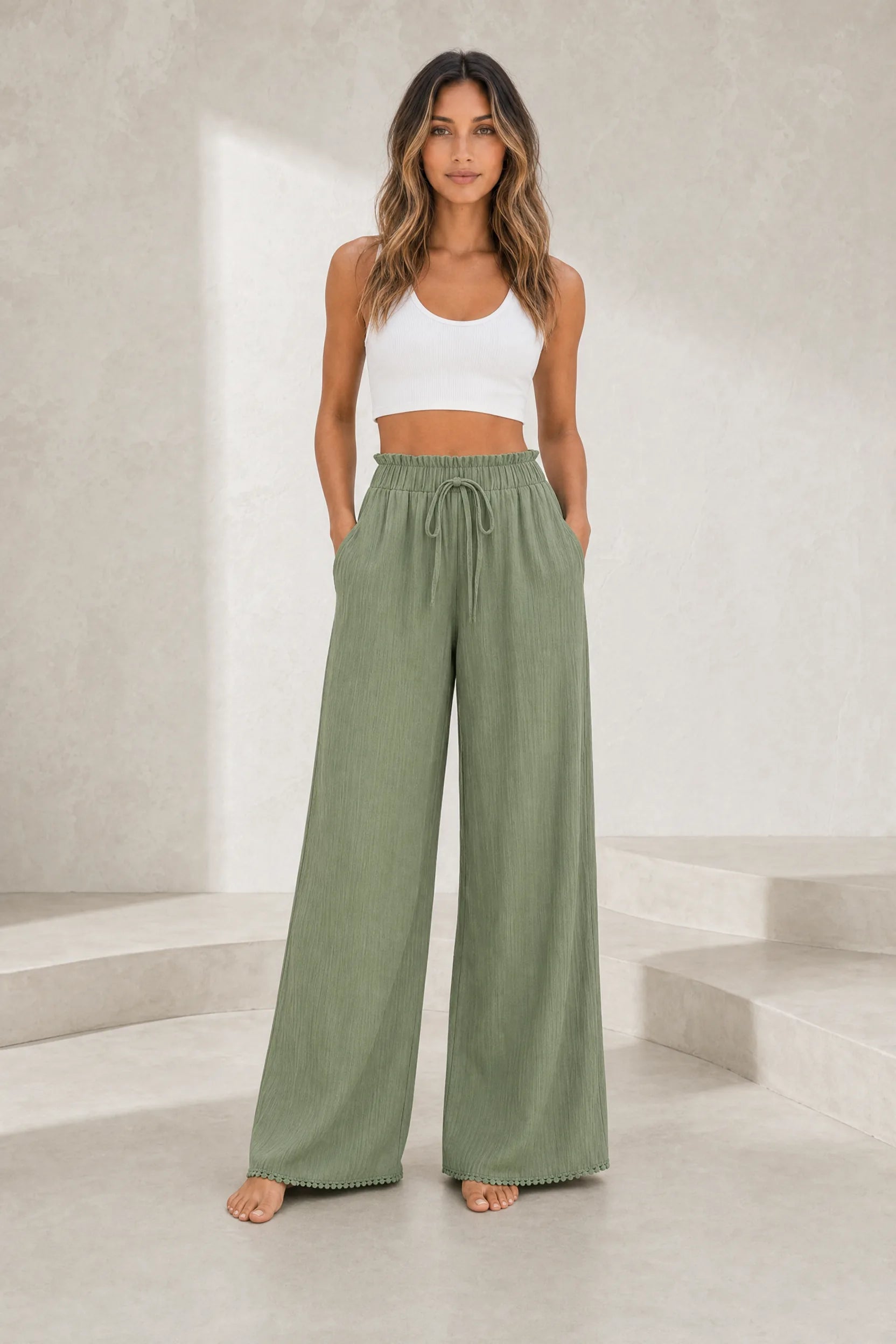 Pantalon large vert taille volantée | Lounelle Paris