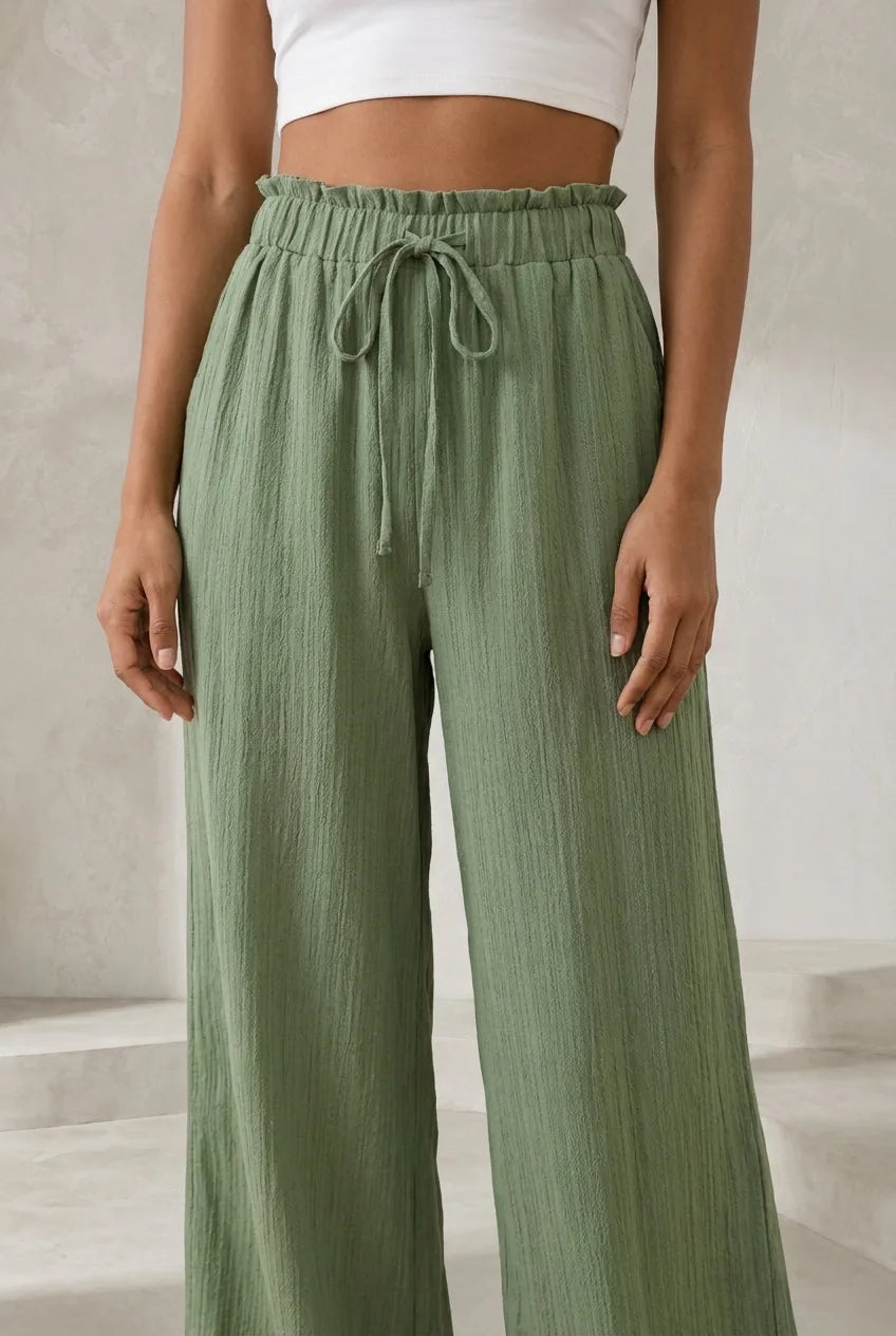 Pantalon large vert taille volantée | Lounelle Paris