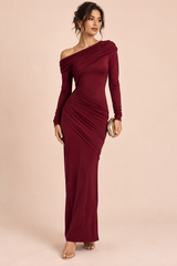 Burgundy One-Shoulder Maxi Dress with Long Sleeves and Ruched Details