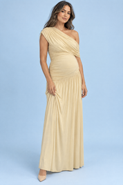 Robe longue de grossesse beige à encolure asymétrique et taille basse | Vue de face | Lounelle Paris