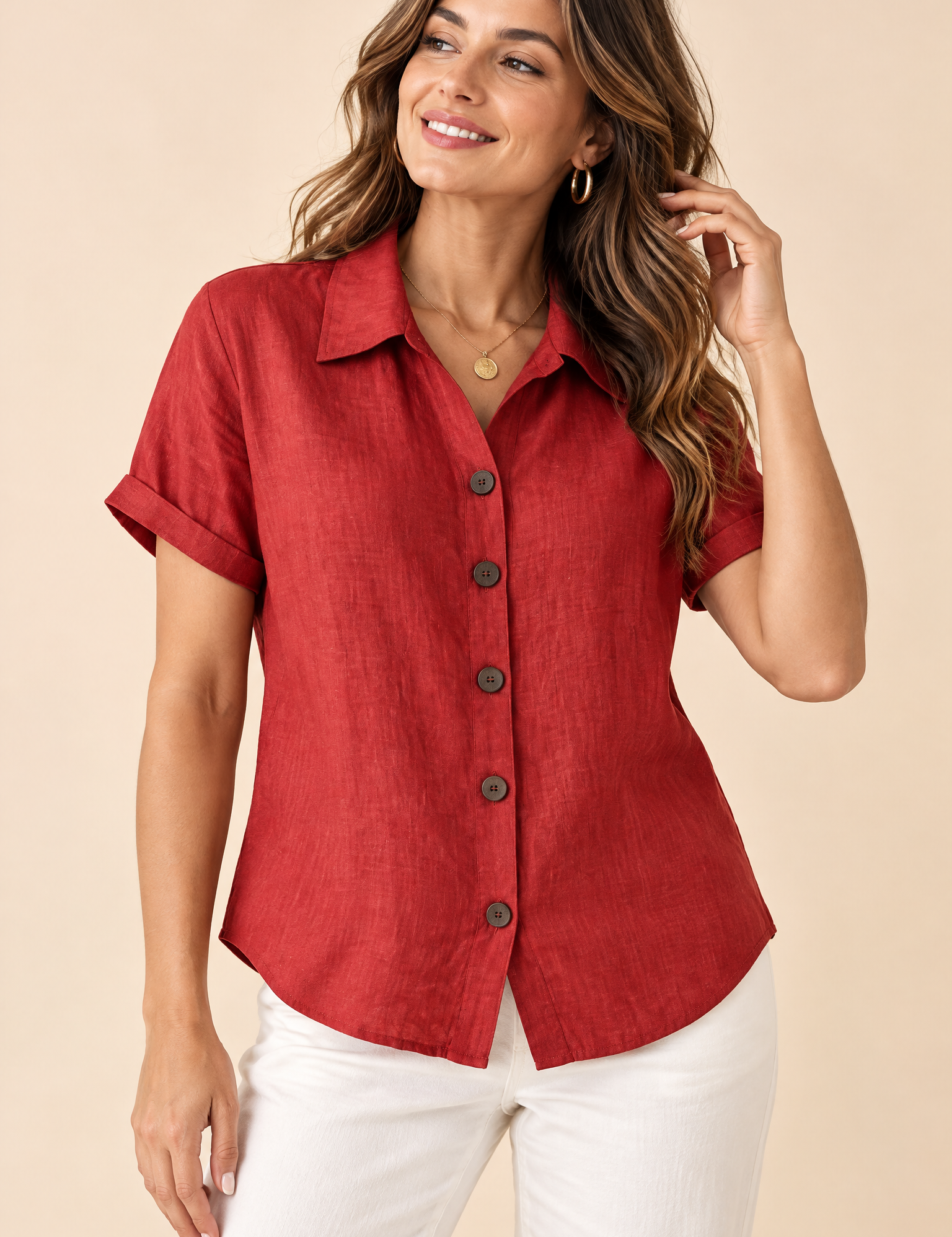 Chemise rouge à manches courtes et col classique | Vue de face | Lounelle Paris