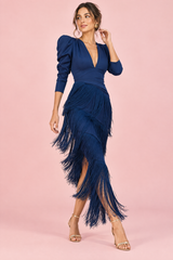 Navy Blue Fringed V-Neck Dress