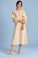 A-Line Beige Puff-Sleeve Midi Dress