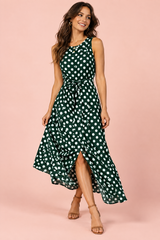 Green Polka-Dot High-Neck Maxi Dress With Draped Detailing