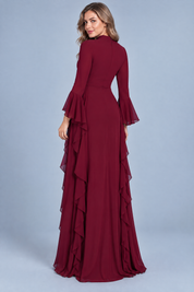 Robe longue bordeaux à volants et manches cloche | Vue de dos | Lounelle Paris