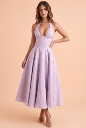 Robe midi violette en dentelle à décolleté plongeant | Vue de face | Lounelle Paris