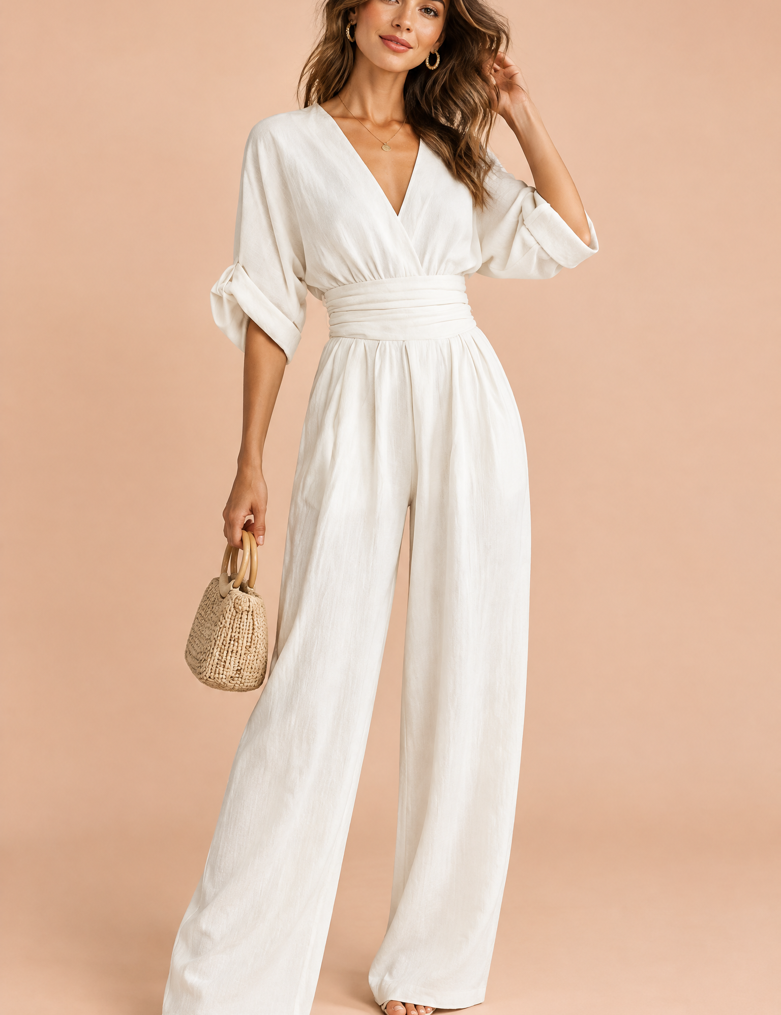 Combinaison pantalon blanche à col V et jambes larges | Vue de face | Lounelle Paris