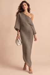 Brown Asymmetric Off-Shoulder Dress