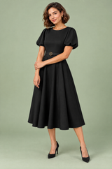 Black High Neck Midi Dress With Puff Sleeves