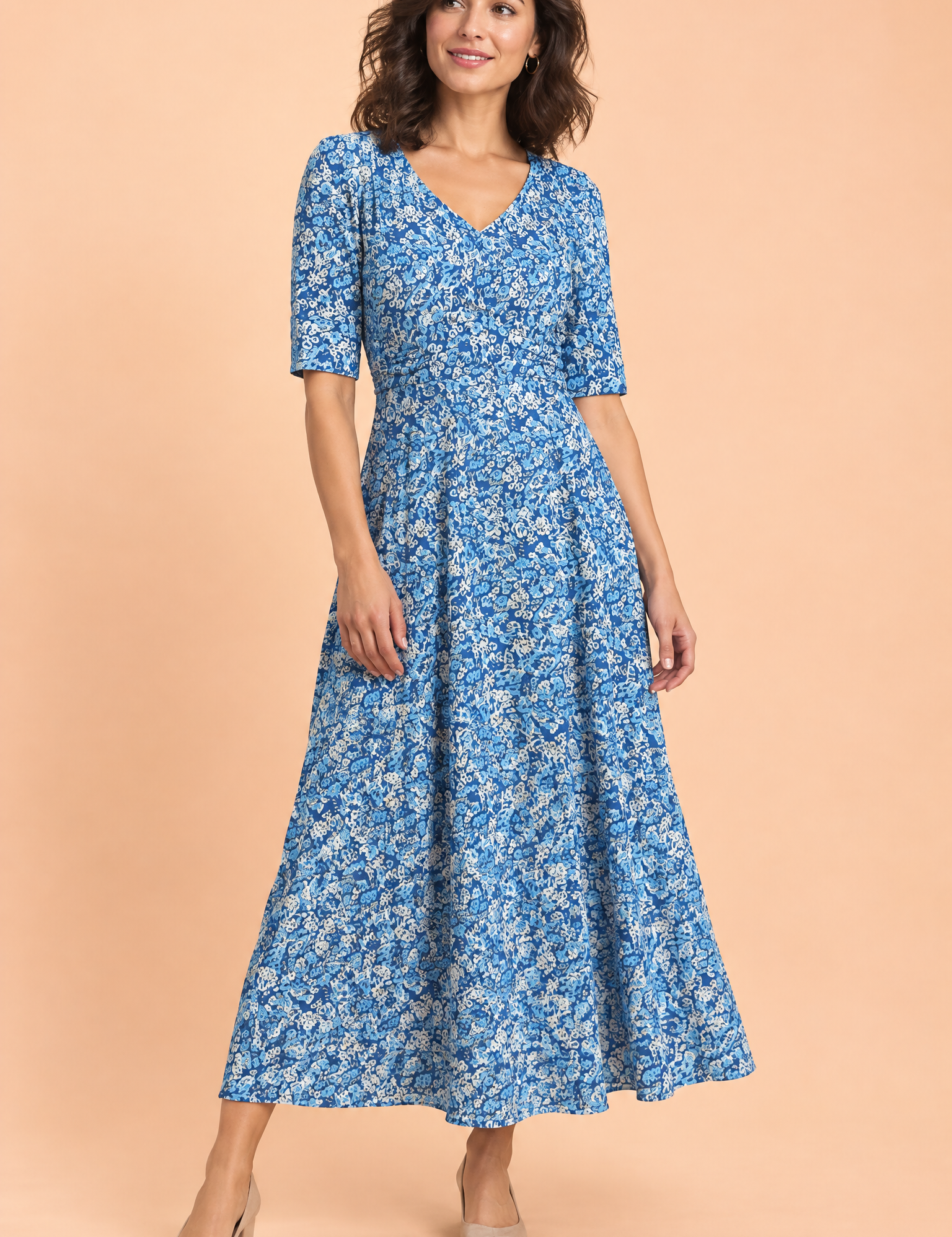 Robe longue bleue à col V | Vue de face | Lounelle Paris