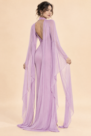 Robe violet clair dos nu avec cape | Vue de dos | Lounelle Paris