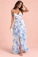 Blue Lily Print Asymmetric Cape Sleeve Maxi Dress