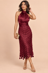 Burgundy Satin Halter Panelled Midi Dress