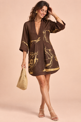 Dark Brown V-Neck Flowy Mini Dress