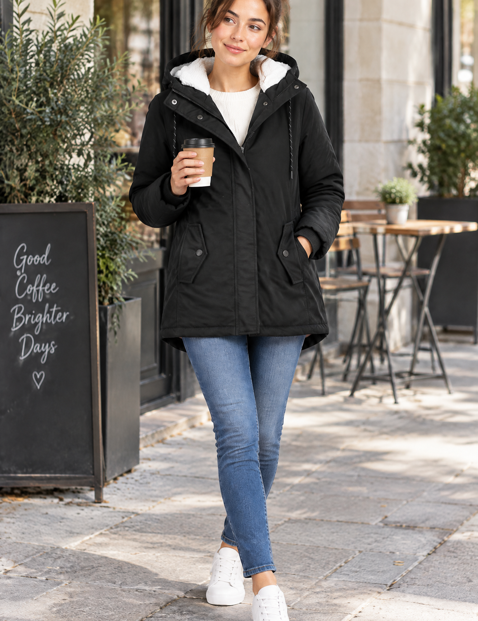 Parka noire oversize à capuche | Photo lifestyle | Lounelle Paris