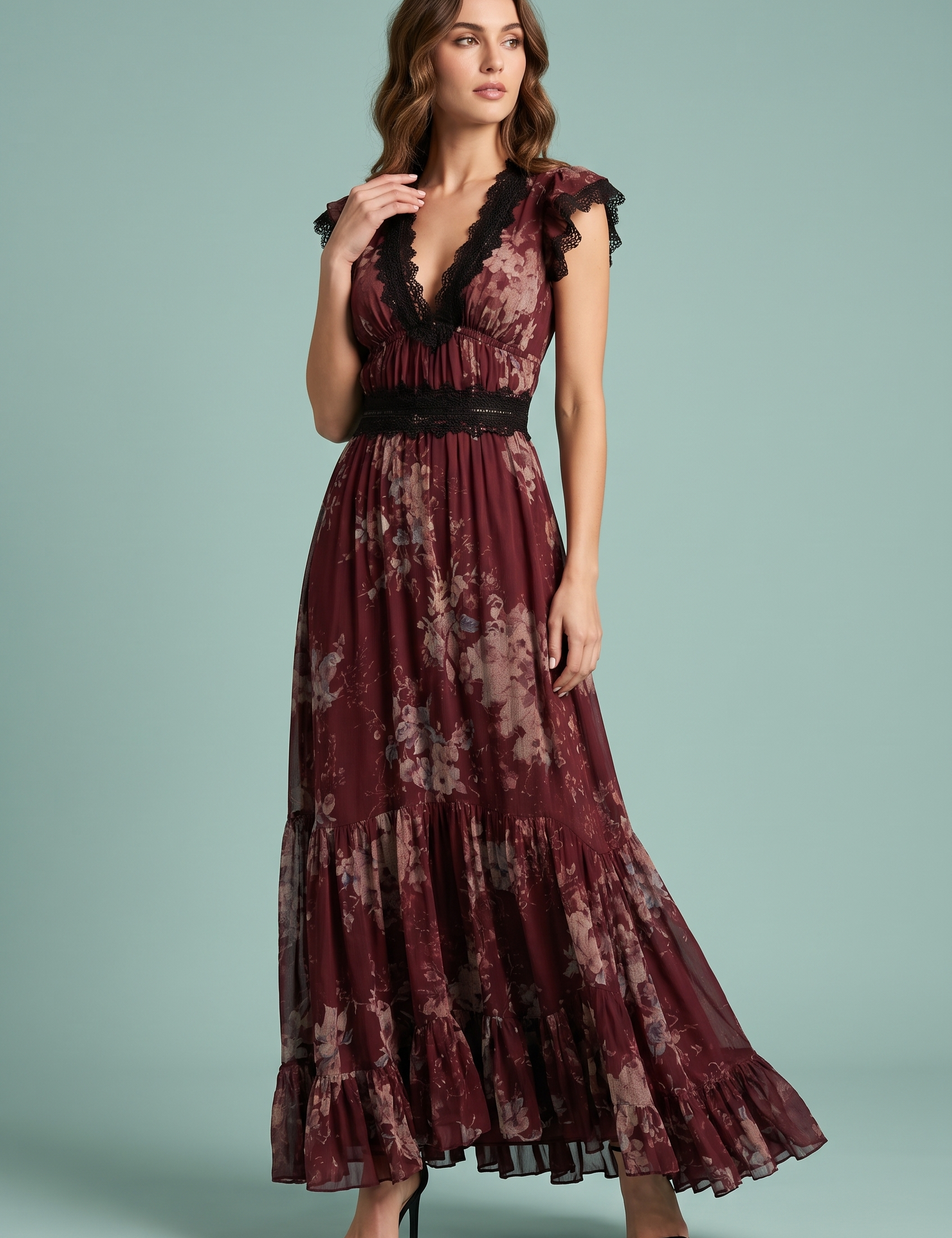 Robe longue fleurie rouge à col V et volants | Vue de face | Lounelle Paris