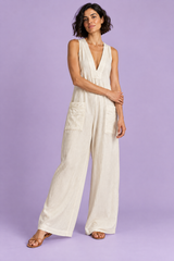 Off White V-Neck Wide-Leg Jumpsuit
