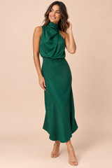 A-Line Dark Green Scarf-Neck Midi Dress