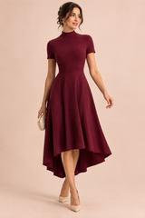 Deep Red High-Neck High-Low Midi Dress