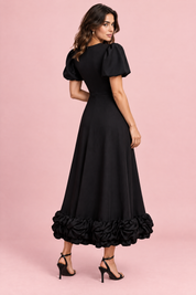 Robe longue noire à manches bouffantes et volant | Vue de dos | Lounelle Paris