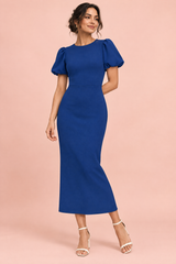 Navy Puff-Sleeve Midi Dress