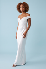 White Ruched Off-Shoulder Bodycon Satin Maxi Dress