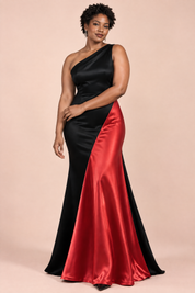 Robe longue noire et rouge à une épaule | Porté sur une silhouette plus ronde | Lounelle Paris