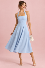 Light blue fit-and-flare midi dress with a square neckline