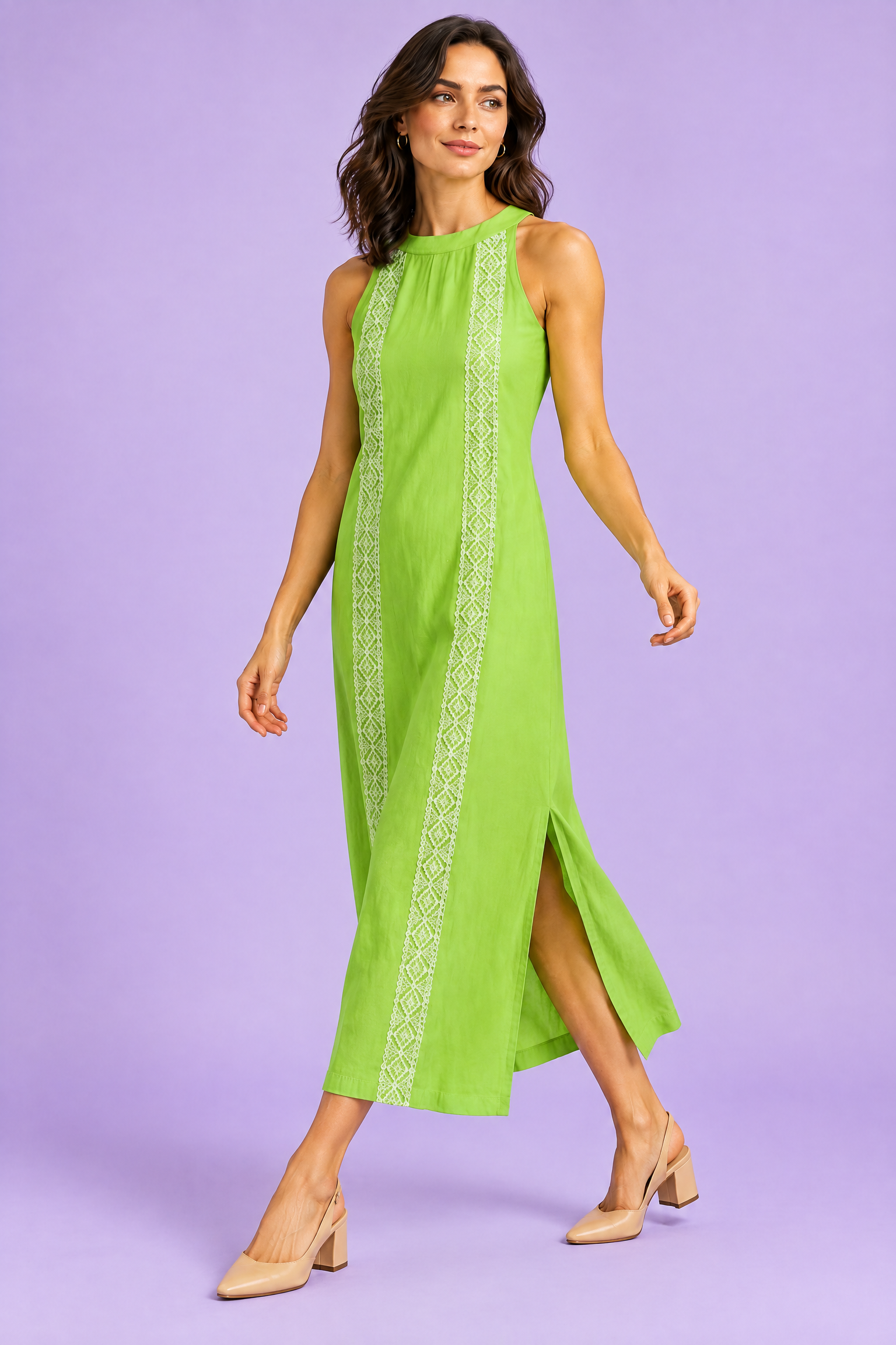 Robe midi verte plissée sans manches à fente | Vue en mouvement | Lounelle Paris