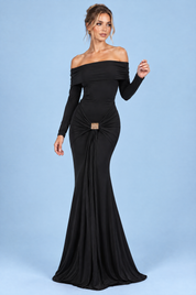 Robe longue noire asymétrique à fronces et drapé | Vue de dos | Lounelle Paris