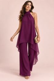 Ensemble pantalon violet en mousseline à col dos nu | Vue de face | Lounelle Paris