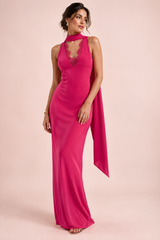 Long Pink Satin Dress with High Neck and Draped Scarf