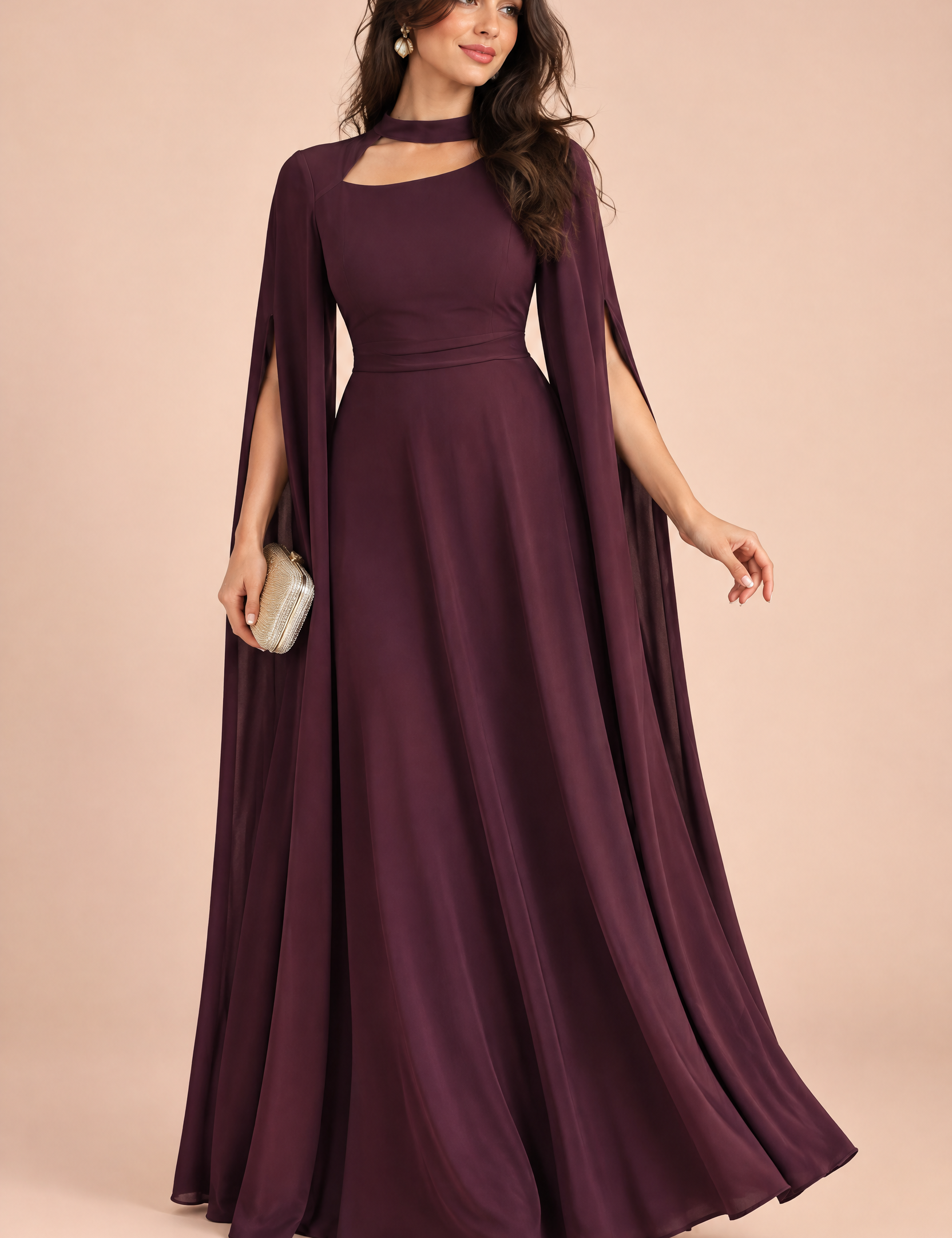 Robe longue bordeaux à encolure carrée et manches cape | Vue de face | Lounelle Paris