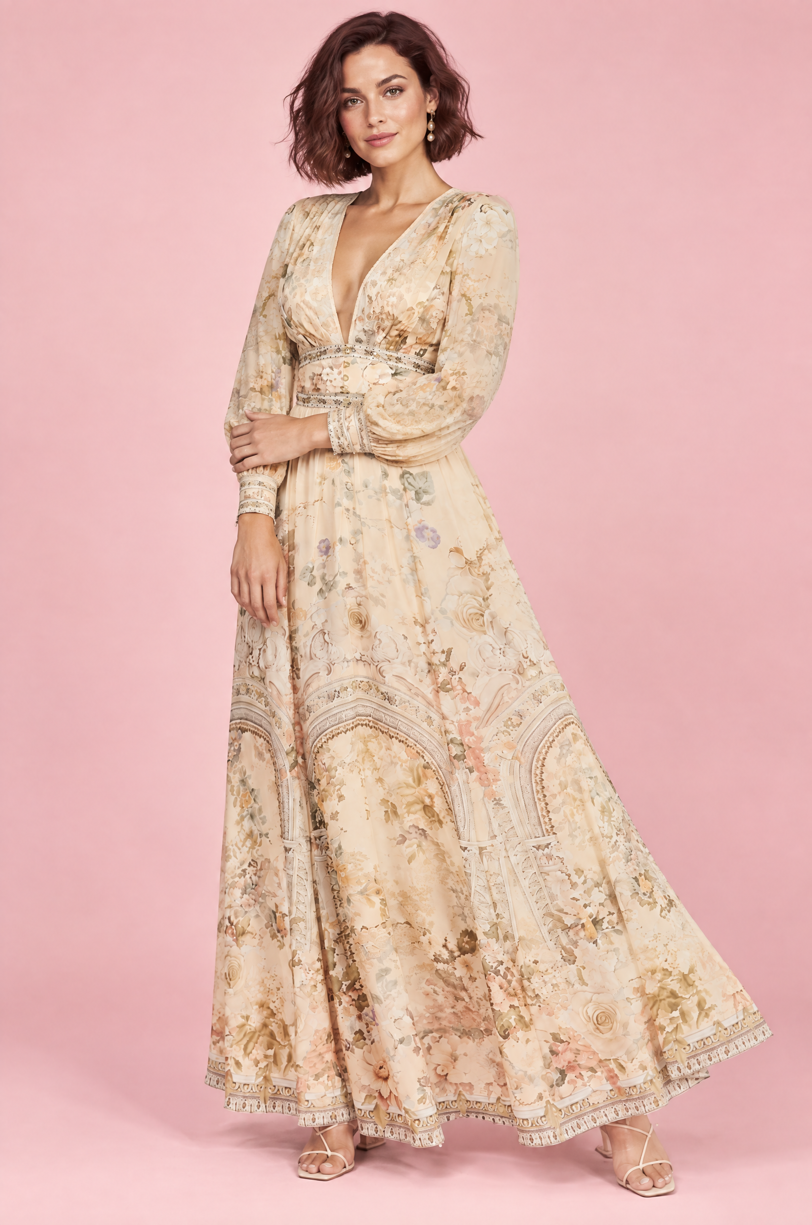 Robe longue écrue à col V et manches bouffantes | Porté sur une autre silhouette | Lounelle Paris